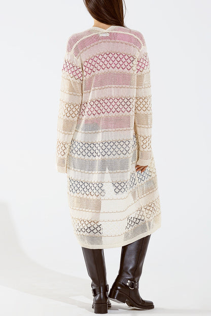 Beige Crochet Maxi Cardigan With Long Sleeves