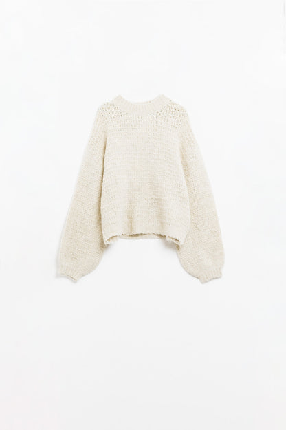 Beige Knit Sweater with balloon Sleeves