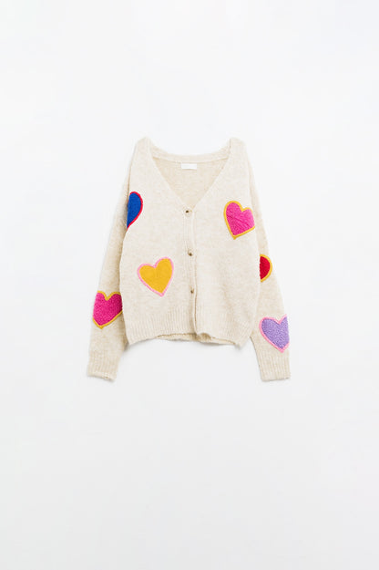 Beige knitted cardigan with embroidered hearts