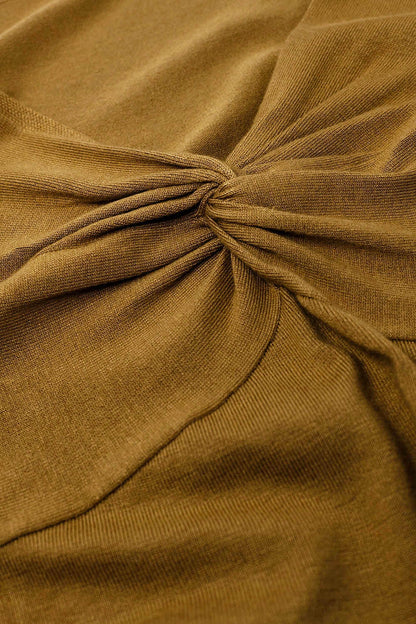 Beige Long Sleeve Shirt With Knot Detail and V-neck