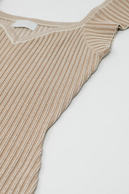 Beige Midi Thick Rib Bodycon Dress With Cap Sleeves