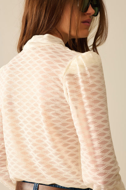 Beige Sheer Lace Turtleneck Top with Puff Shoulders