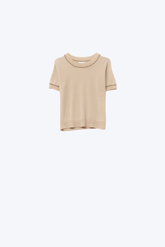 Q2 Beige Short Sleeve Knit Top with Camel Contrast Trims