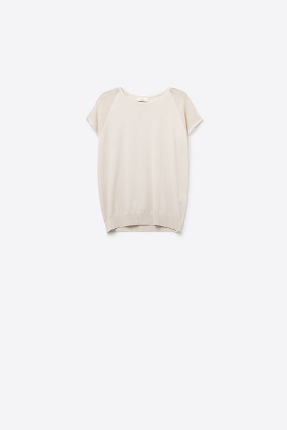 Beige Short Sleeve Sweater with knitted mesh on the shoulder