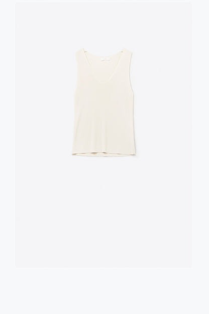 Beige sleeveless fine knitted top With V-Neck
