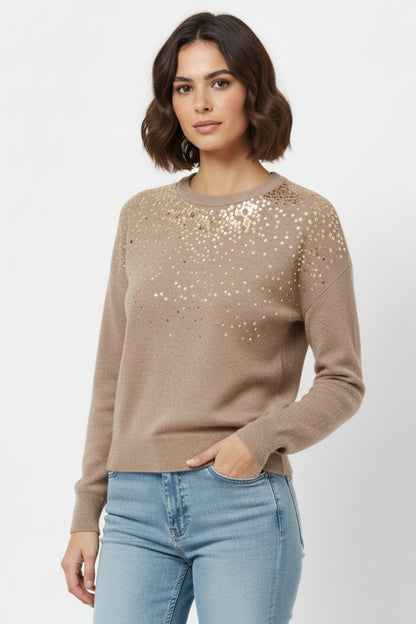 Beige soft knit sweater embellished with sequins on the front