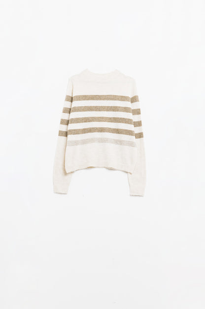 Q2 Beige soft knit sweater with camel stripes