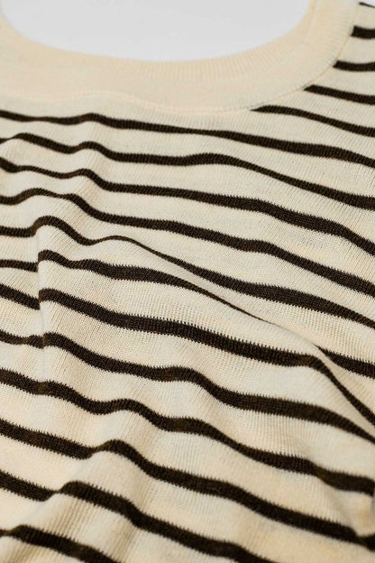 Beige striped fine knit sweater with boat neck