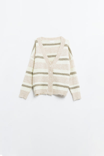 beige striped fluffy cardigan