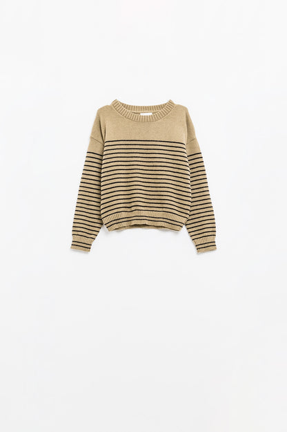 Q2 Beige sweater with black stripes and boat neck