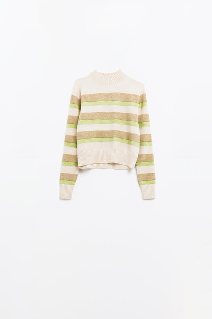 beige sweater with green and camel stripes