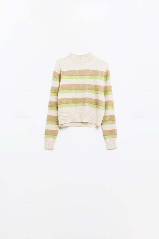 beige sweater with green and camel stripes