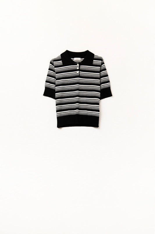 Q2 Black and White Striped Sweater With Polo Neck