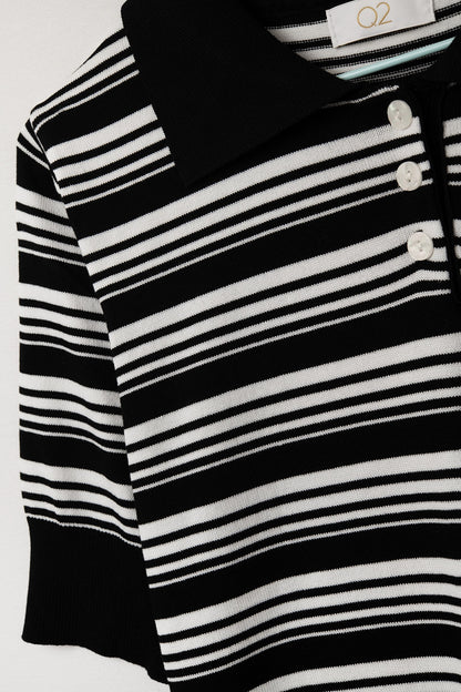 Black and White Striped Sweater With Polo Neck