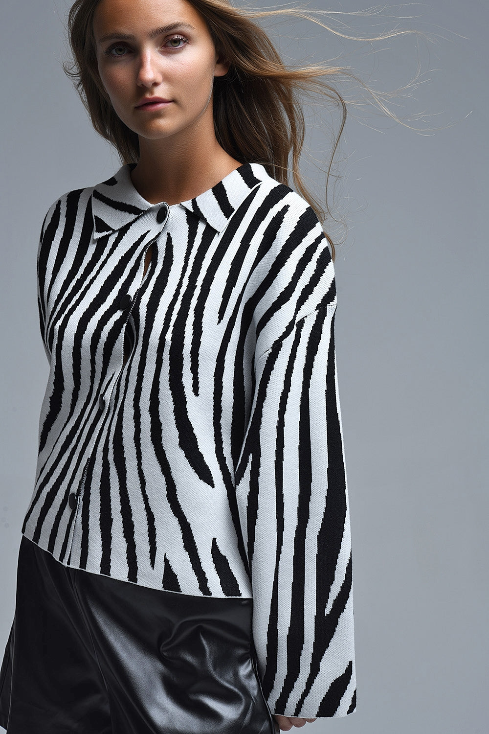 Q2 Black and White Zebra Print Polo Collar Cardigan