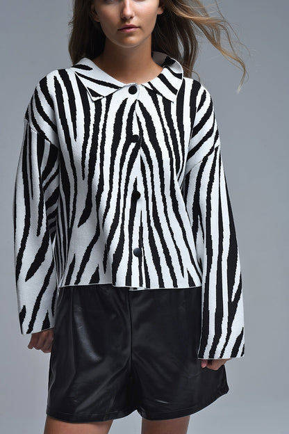 Black and White Zebra Print Polo Collar Cardigan