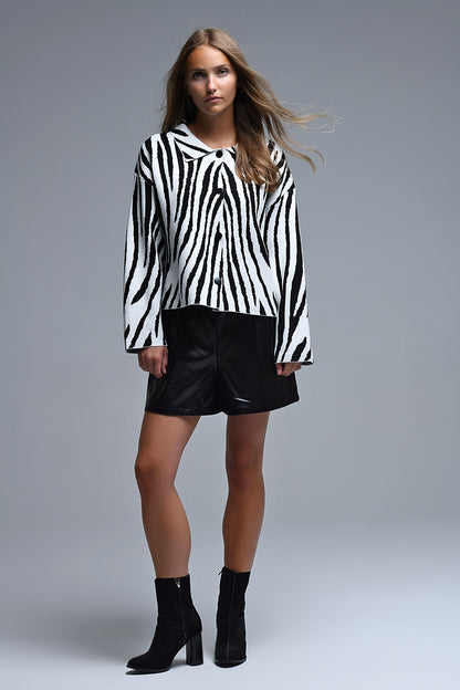 Black and White Zebra Print Polo Collar Cardigan
