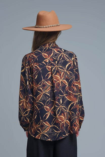 Black chiffon shirt with abstract print and knotted bow