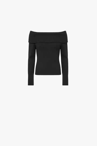 Q2 black fine ribbed knit sweater with wide boat neck