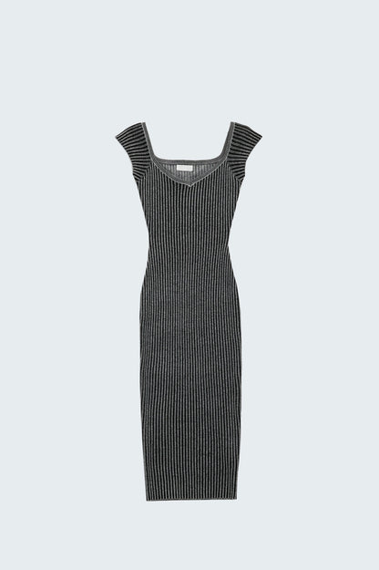 Black Midi Thick Rib Bodycon Dress With Cap Sleeves