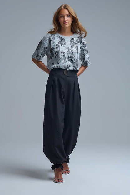 Black pleated Wide Pants with with metal buckle