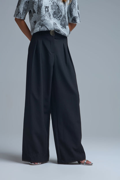 Black pleated Wide Pants with with metal buckle