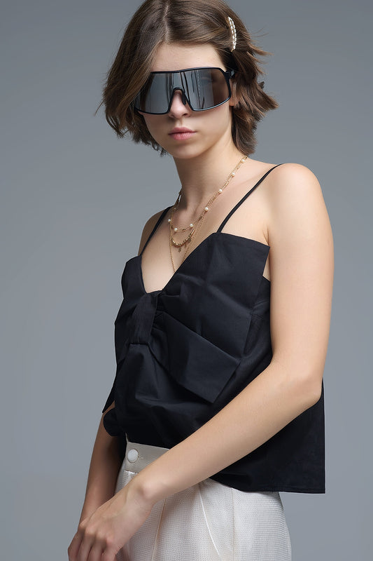 Q2 Black poplin crop top with bow detail
