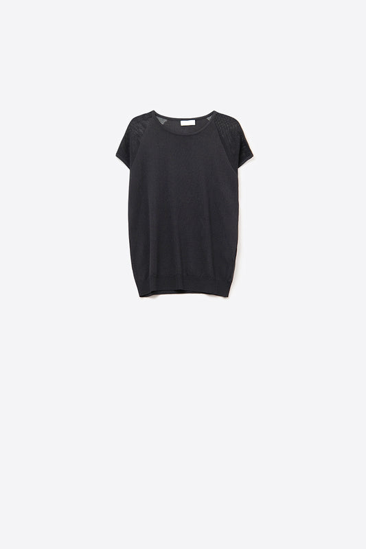 Q2 Black Ribbed Short Sleeve Sweater with knitted mesh on the shoulder