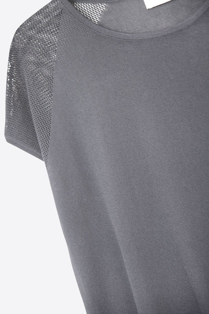 Black Ribbed Short Sleeve Sweater with knitted mesh on the shoulder