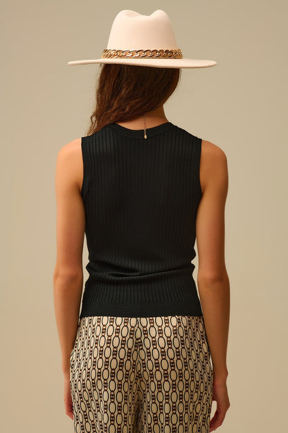 Black Sleeveless Ribbed Knit Top