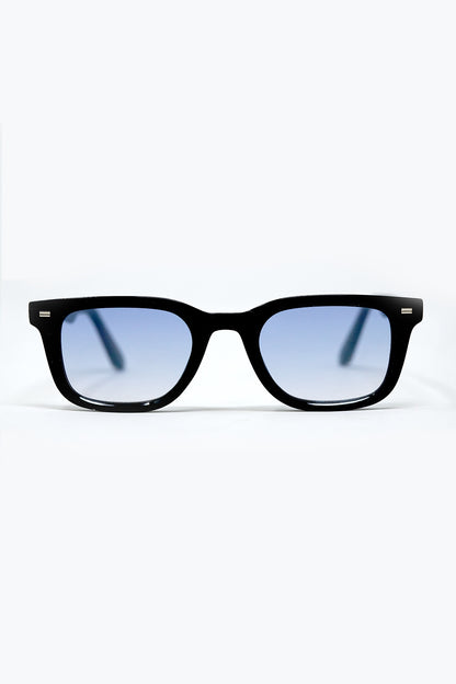 Q2 Black Square Sunglasses with Blue Gradient Lenses and metal side detail