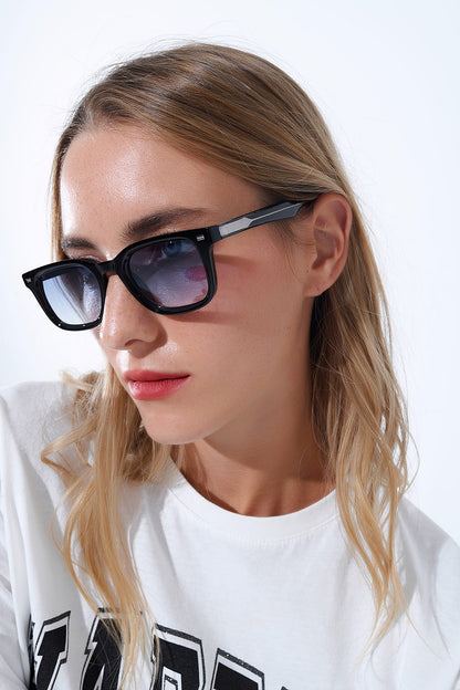 Black Square Sunglasses with Blue Gradient Lenses and metal side detail