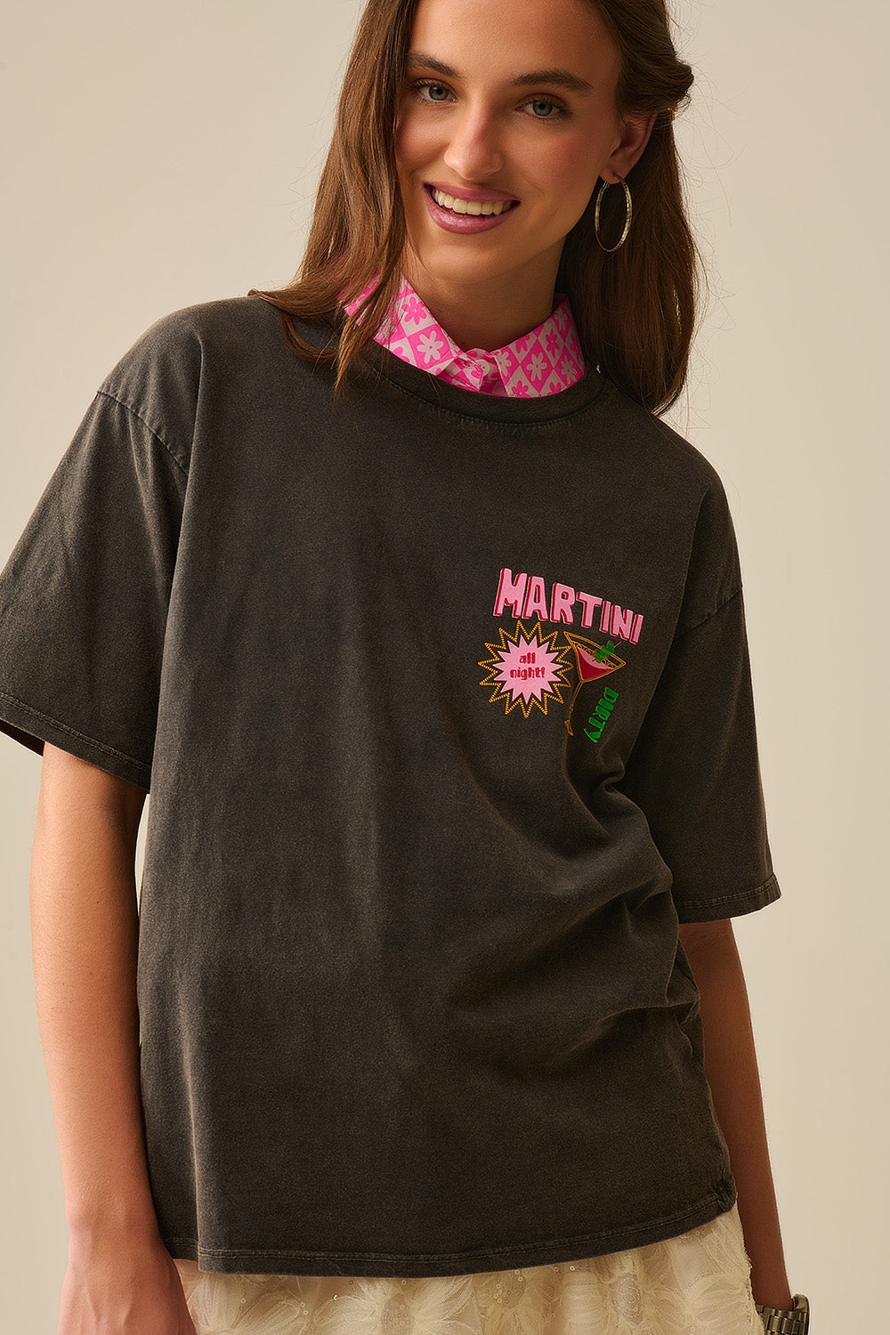 black stone wash t-shirt made in Italy with a Martini graphic logo