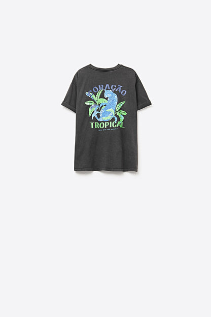 Black t-shirt made in Italy with tropical graphic print