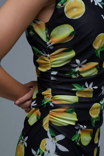 Black Tulle Maxi Dress With Side Rouching in Yellow Lemon Print