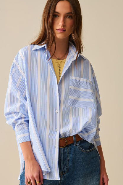 Blue and White relaxed fit Striped Shirt Tie at The Back