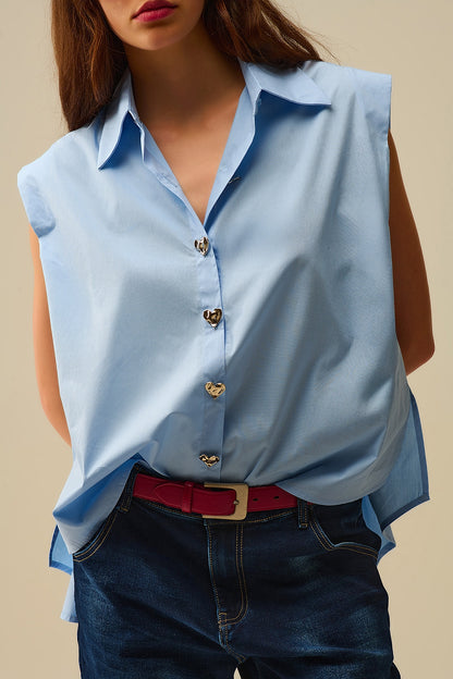 Blue Sleeveless Blouse with Heart-shaped Buttons