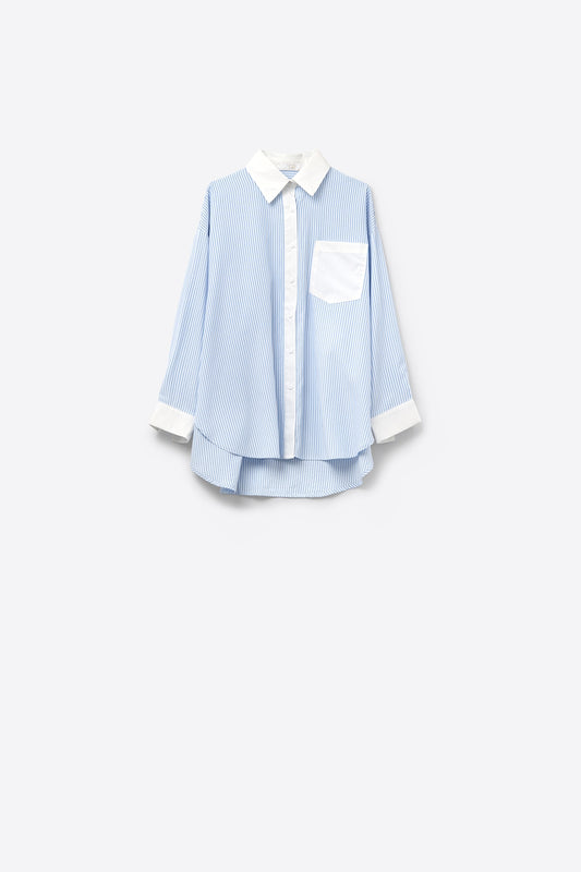 Q2 Blue Striped Shirt with pocket and white collar