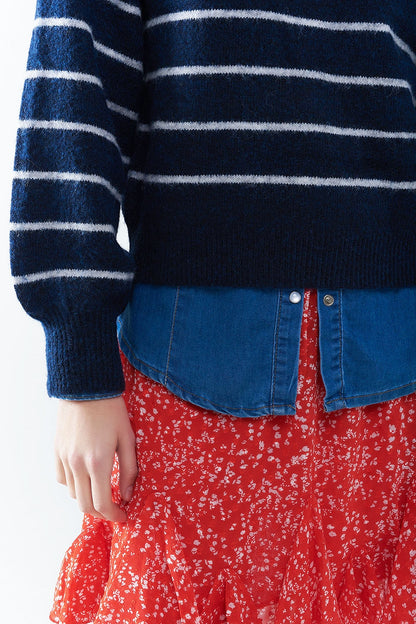 Blue striped sweater with red heart detail