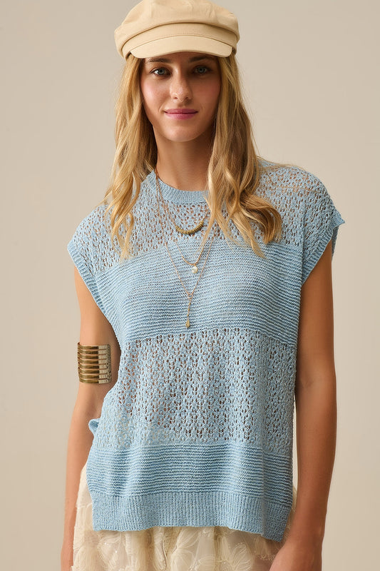 Q2 Blue sweater with soft open knit and dropped sleeves