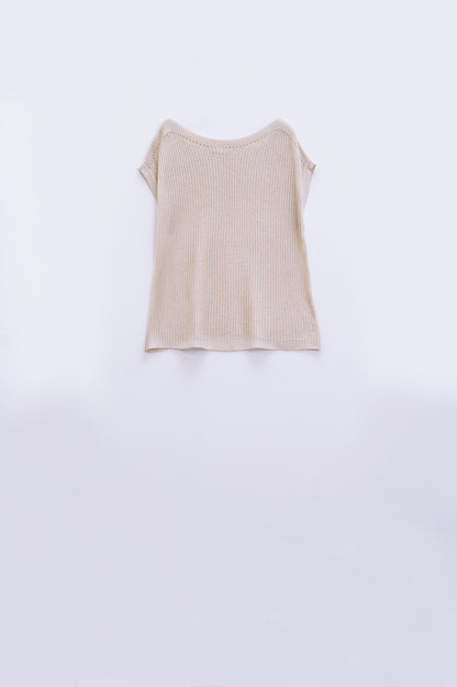 Boat Neck Ribbed Sweater With Cap Sleeves in Beige