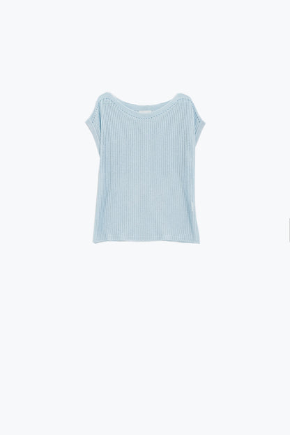 Q2 Boat Neck Ribbed Sweater With Cap Sleeves in blue