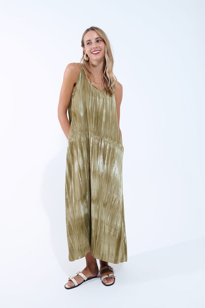 Boho Relaxed Dress in Kakhi Green Tie Dye in high quality fabric
