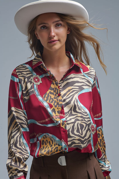 Bold Red Abstract Print Long-Sleeved Shirt