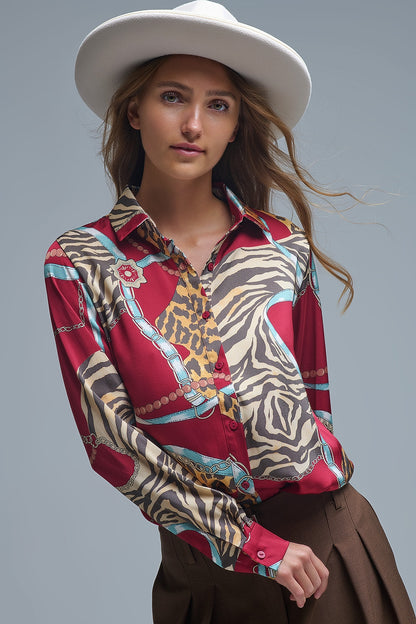 Q2 Bold Red Abstract Print Long-Sleeved Shirt
