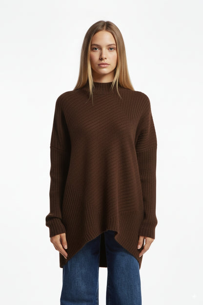 Brown Asymmetric Ribbed Knit Sweater Tunic
