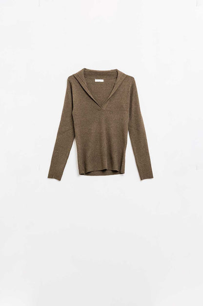 Q2 Brown Collared Rib Top With Long Sleeves