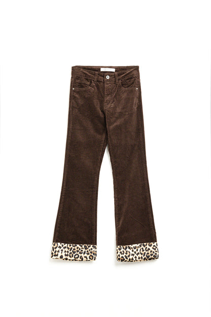 Brown corduroy flare pants with leopard print at the bottom