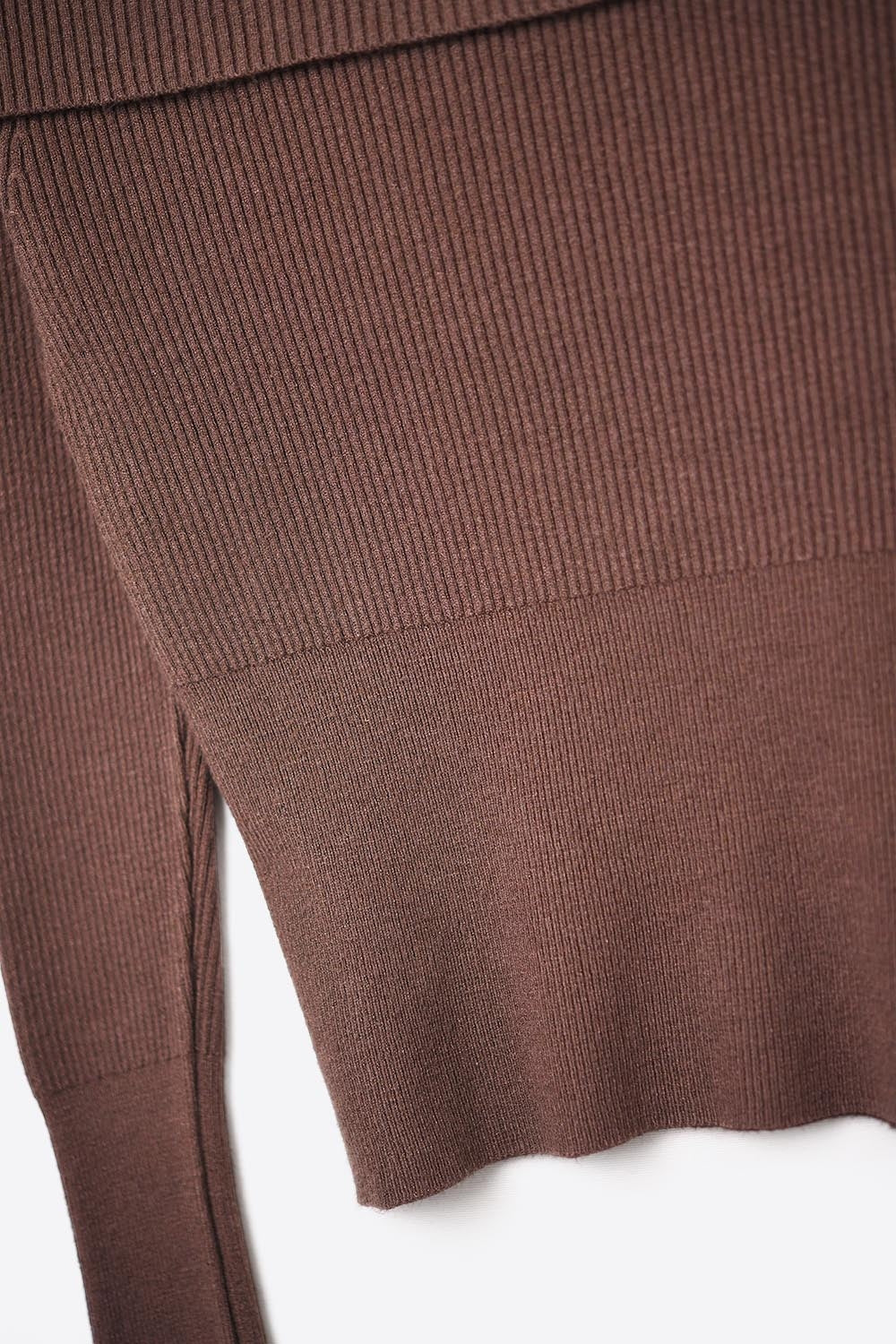 brown fine ribbed knit sweater with wide boat neck
