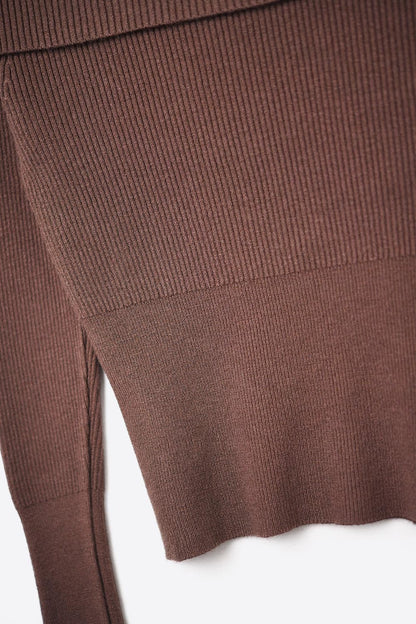 brown fine ribbed knit sweater with wide boat neck